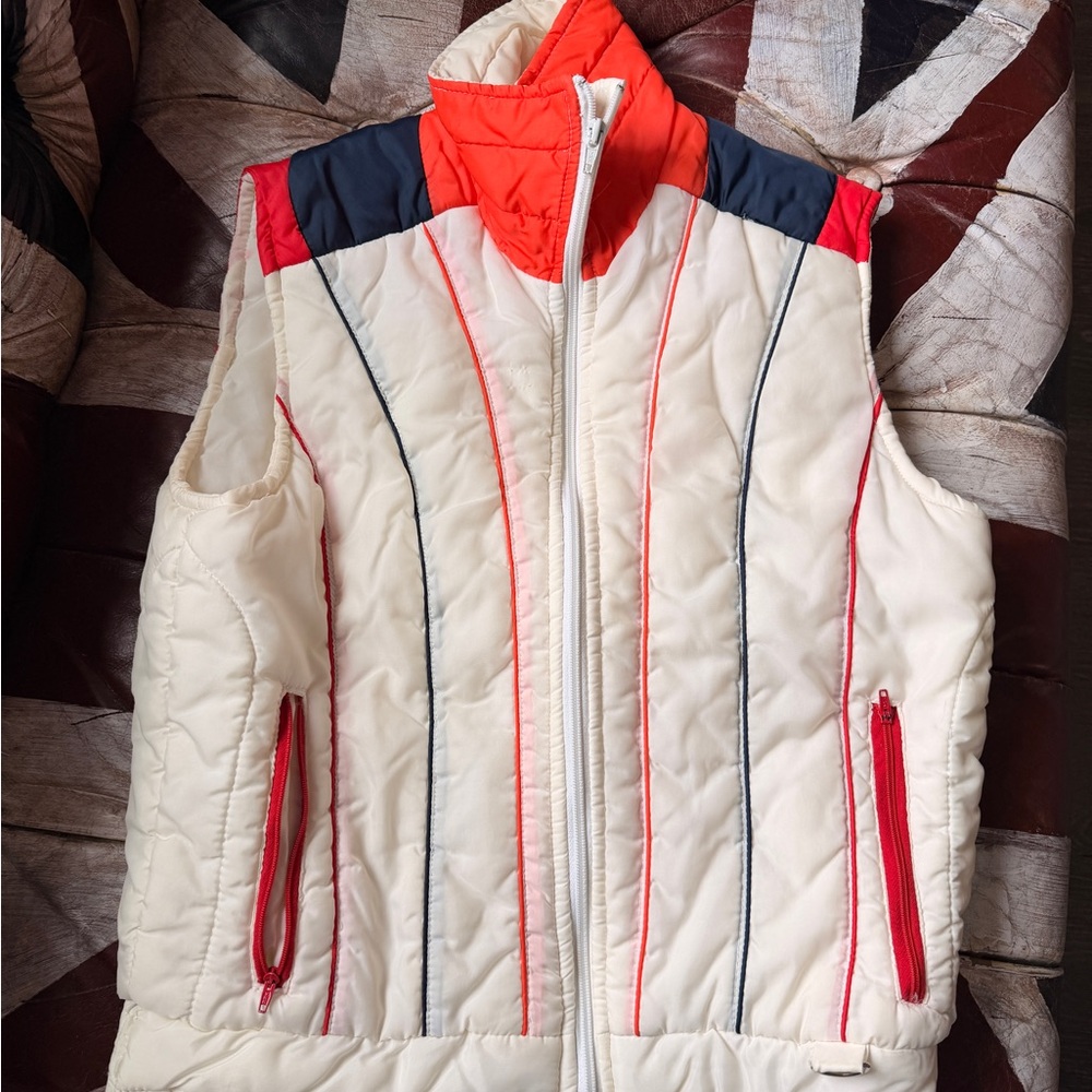 Quilted Puffer Vest in Cream with Red & Navy Accents